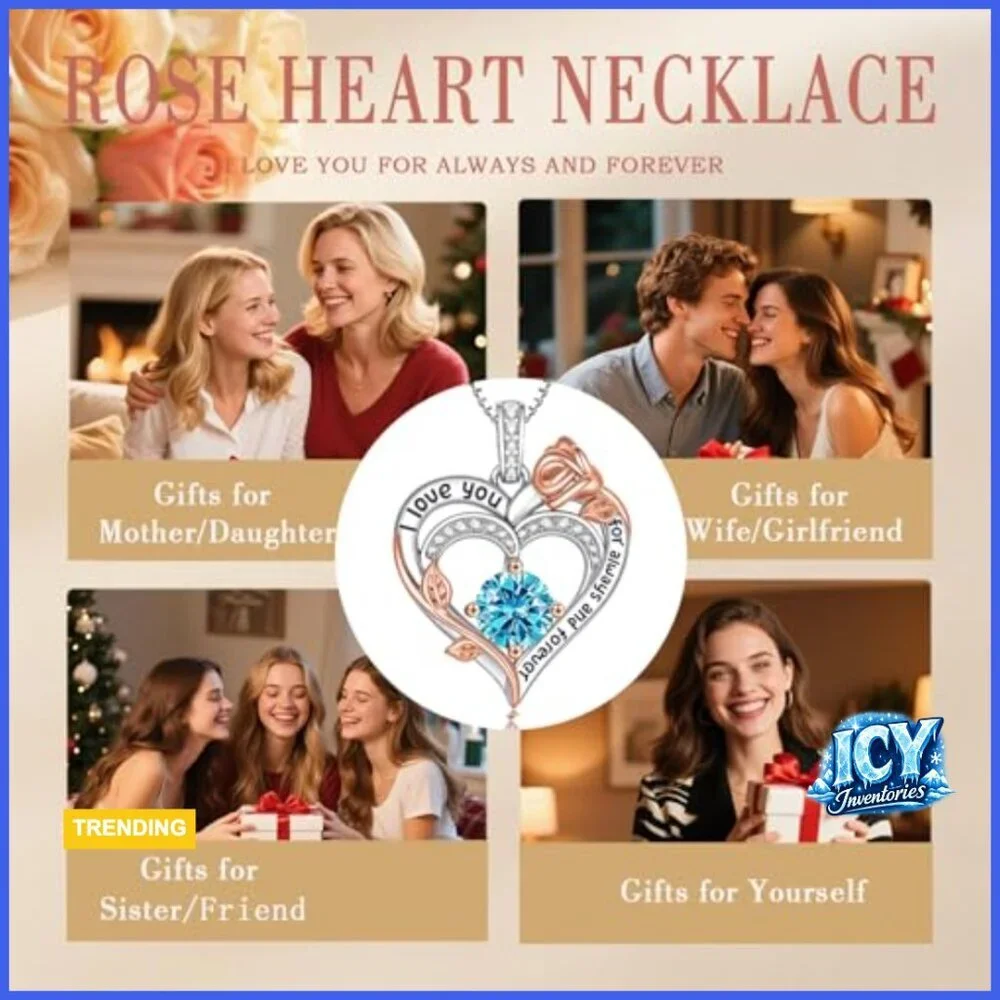 S925 Sterling Silver Rose Heart Birthstone Pendant Necklace for Women